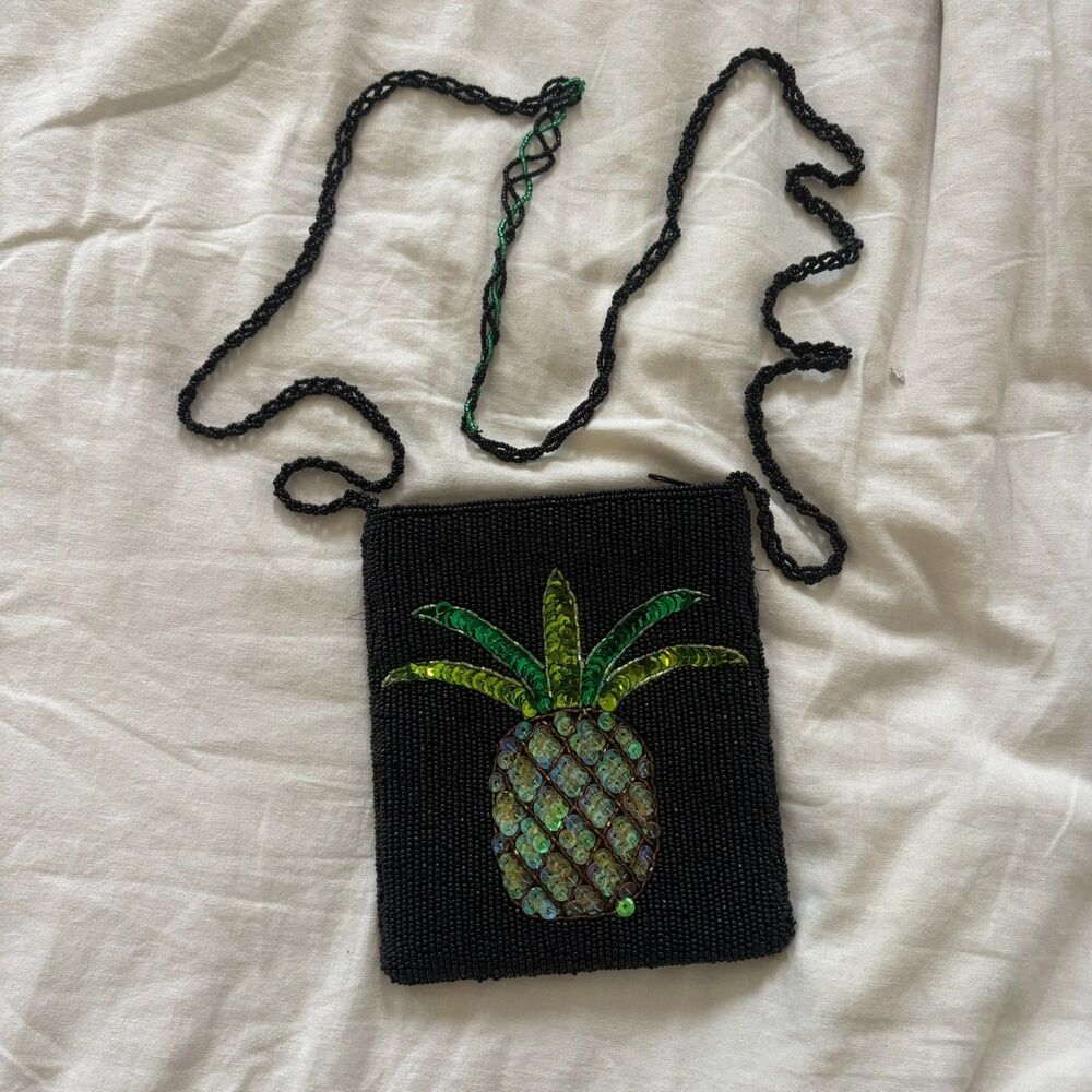 Vintage Beaded Pineapple Sequin Crossbody Bag Black Seed Bead Y2K 90s Purse